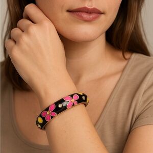 Vintage Enamel Floral Hinged Bangle Bracelet Black Pink & Yellow Retro Y2K Style